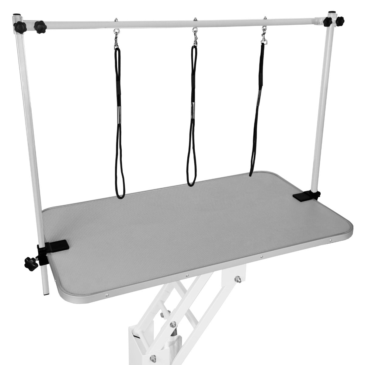 Table de toilettage hydraulique blanche avec plateau gris, équipée de trois attaches noires pour maintenir les animaux en toute sécurité