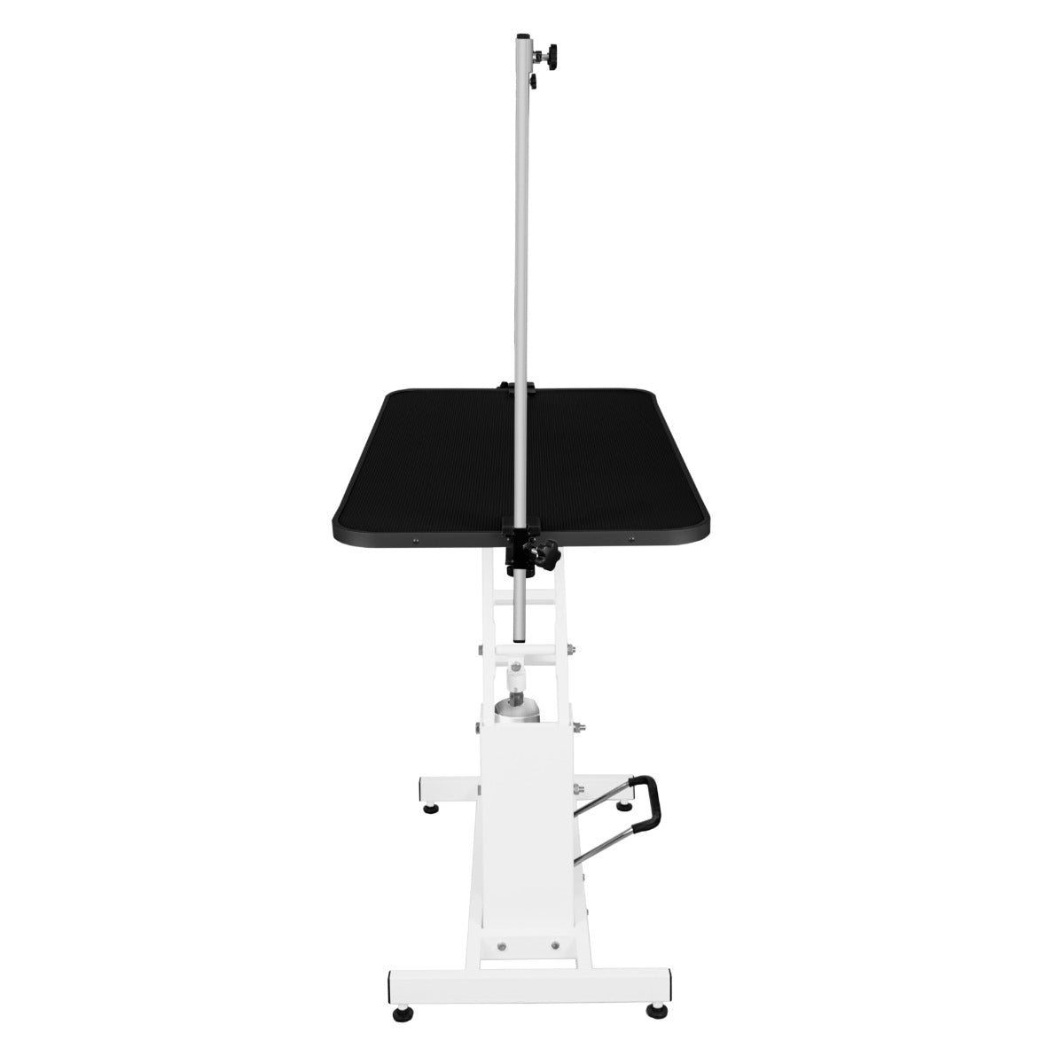 Table de toilettage hydraulique blanche avec plateau noir, structure robuste, réglable en hauteur, idéale pour le toilettage des animaux