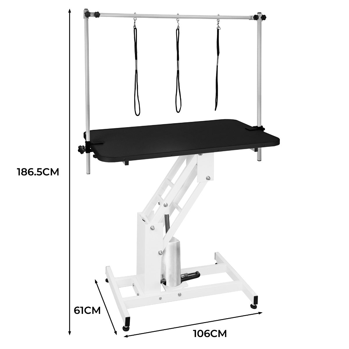 Table de toilettage hydraulique blanche avec plateau noir, hauteur ajustable, structure robuste et sangles pour maintenir les animaux en place