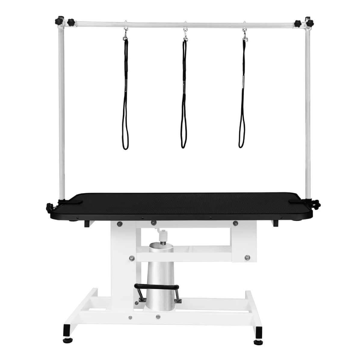 Table de toilettage hydraulique blanche avec plateau noir, équipée de trois crochets pour la sécurité des animaux, design moderne et robuste