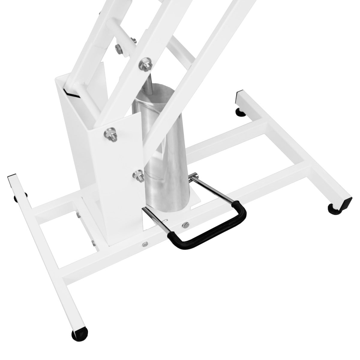 Table blanche de toilettage hydraulique avec un plateau noir, structure robuste en métal, finition lisse et moderne, roulettes pour mobilité