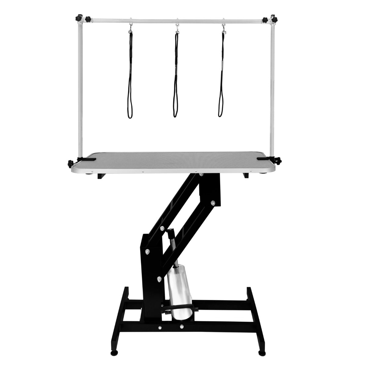 Table de toilettage hydraulique noire avec plateau gris, structure robuste, trois sangles suspendues pour maintenir les animaux en place