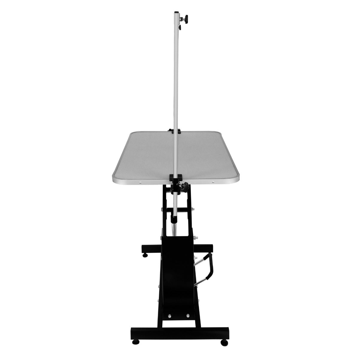 Table de toilettage hydraulique noire avec plateau gris, structure robuste, réglable en hauteur, roulettes pour mobilité facile