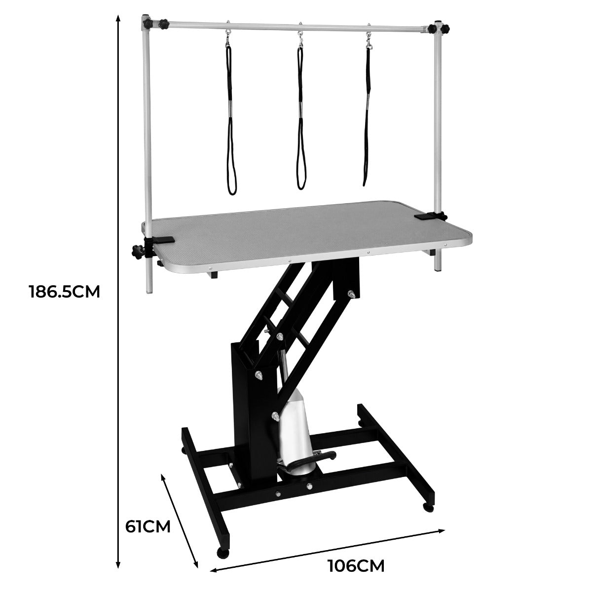 Table de toilettage hydraulique noire avec plateau gris, dimensions 186,5 cm de hauteur, 106 cm de largeur, 61 cm de profondeur, design robuste et fonctionnel