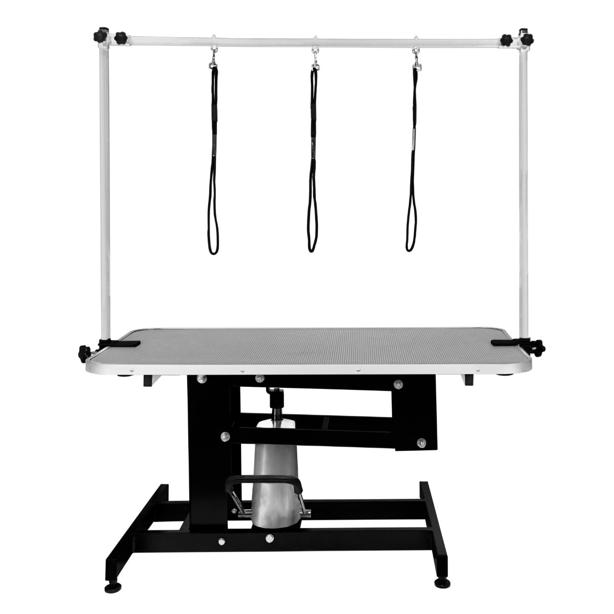 Table de toilettage hydraulique noire avec plateau gris, équipée de trois sangles suspendues pour maintenir les animaux en place