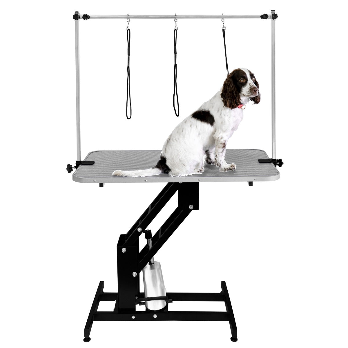 Table de toilettage hydraulique noire avec plateau gris, équipée de sangles pour maintenir les animaux en toute sécurité pendant le toilettage