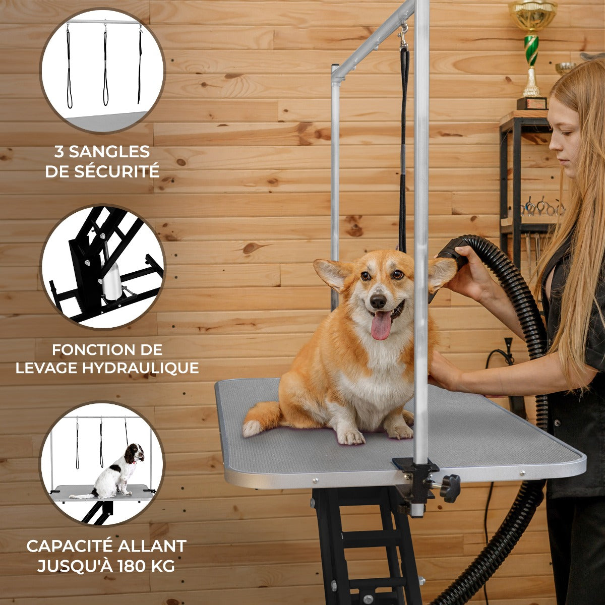Table de toilettage hydraulique noire avec plateau gris, équipée de 3 sangles de sécurité et d'une capacité de 180 kg