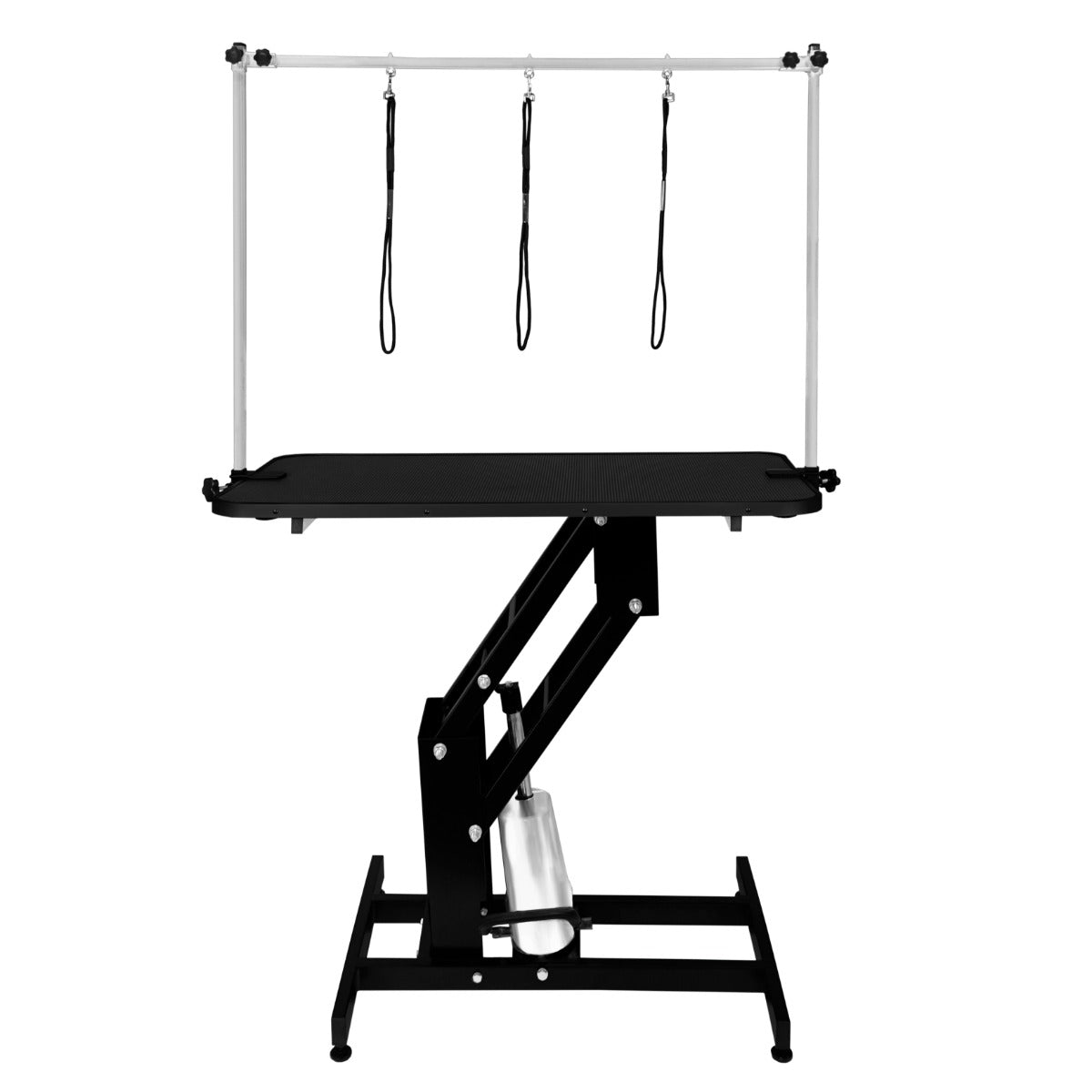 Table de toilettage hydraulique noire avec plateau noir, structure robuste, bras réglables pour maintenir les animaux en toute sécurité