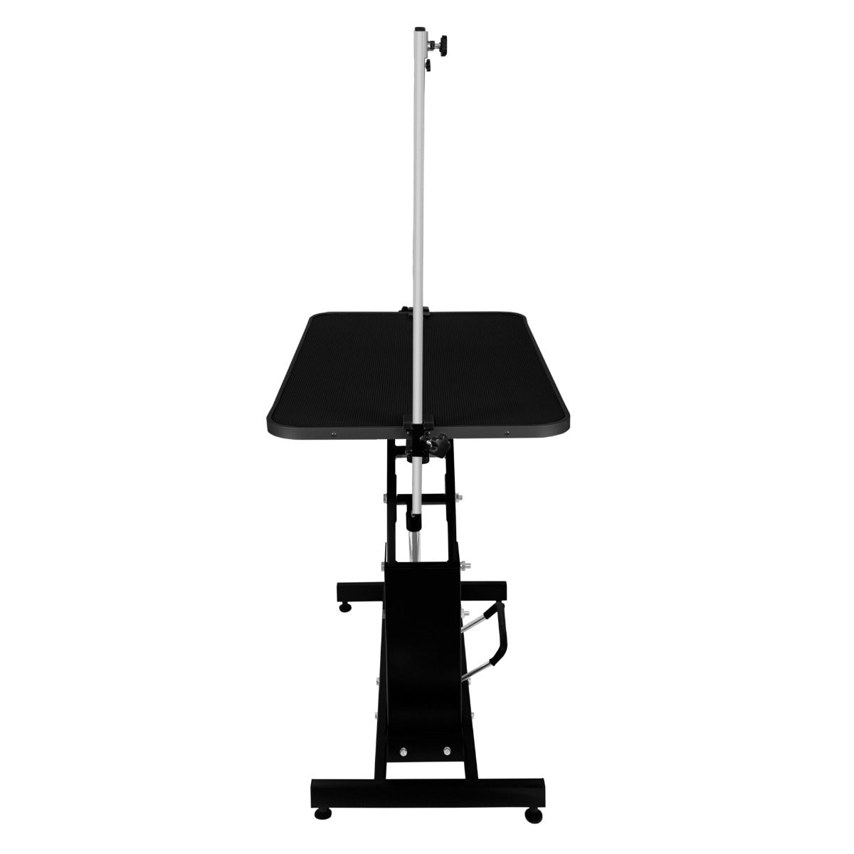 Table de toilettage hydraulique noire avec plateau noir, structure robuste, réglable en hauteur, roulettes pour mobilité facile