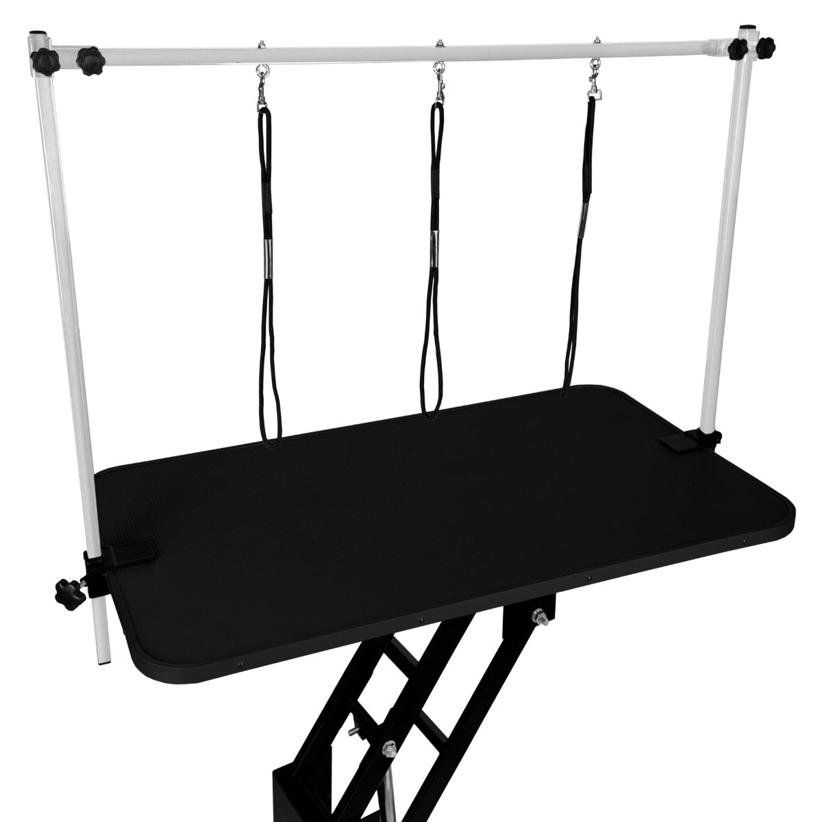Table de toilettage hydraulique noire avec plateau antidérapant, barres de maintien ajustables et structure robuste en métal noir