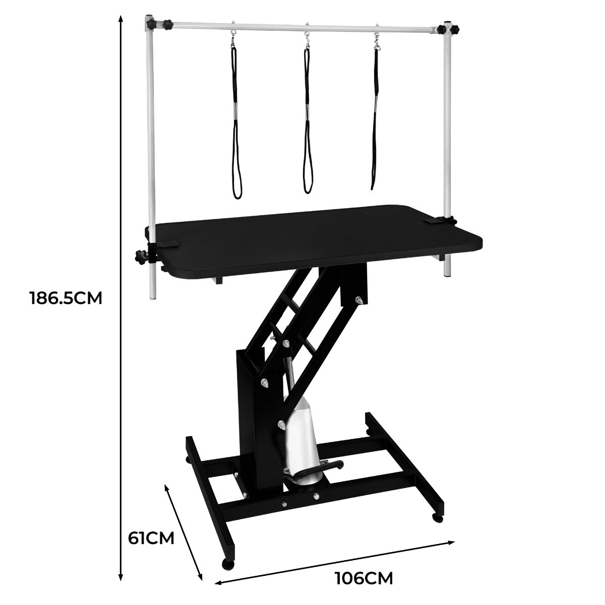 Table de toilettage hydraulique noire avec plateau noir, hauteur réglable, structure robuste et trois sangles pour maintenir les animaux