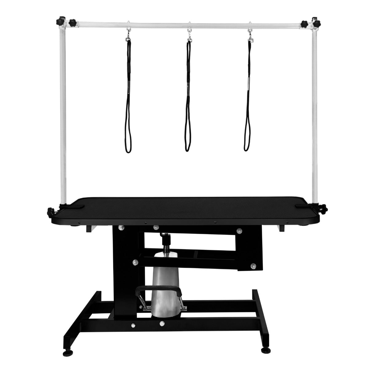 Table de toilettage hydraulique noire avec plateau texturé, support en métal et trois sangles pour maintenir les animaux en place