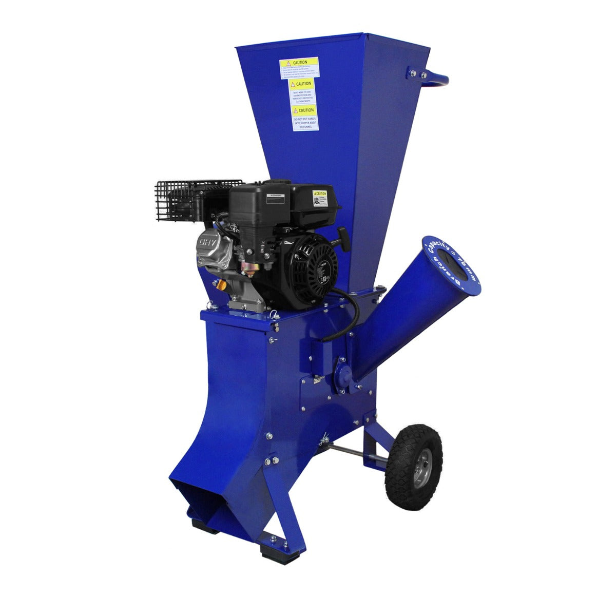 Déchiqueteuse de bois 7CV en métal bleu, avec un moteur puissant, une trémie large et un tube d'éjection pour débris