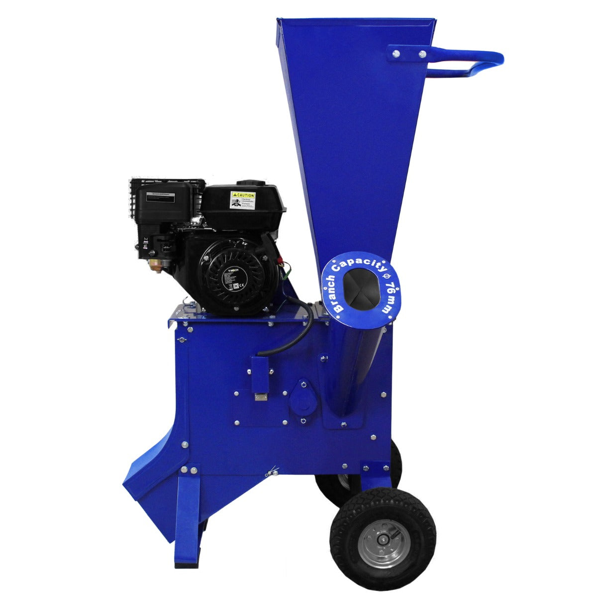 Déchiqueteuse de bois 7CV, couleur bleue, avec moteur noir, roues robustes et goulotte d'alimentation pour un broyage efficace