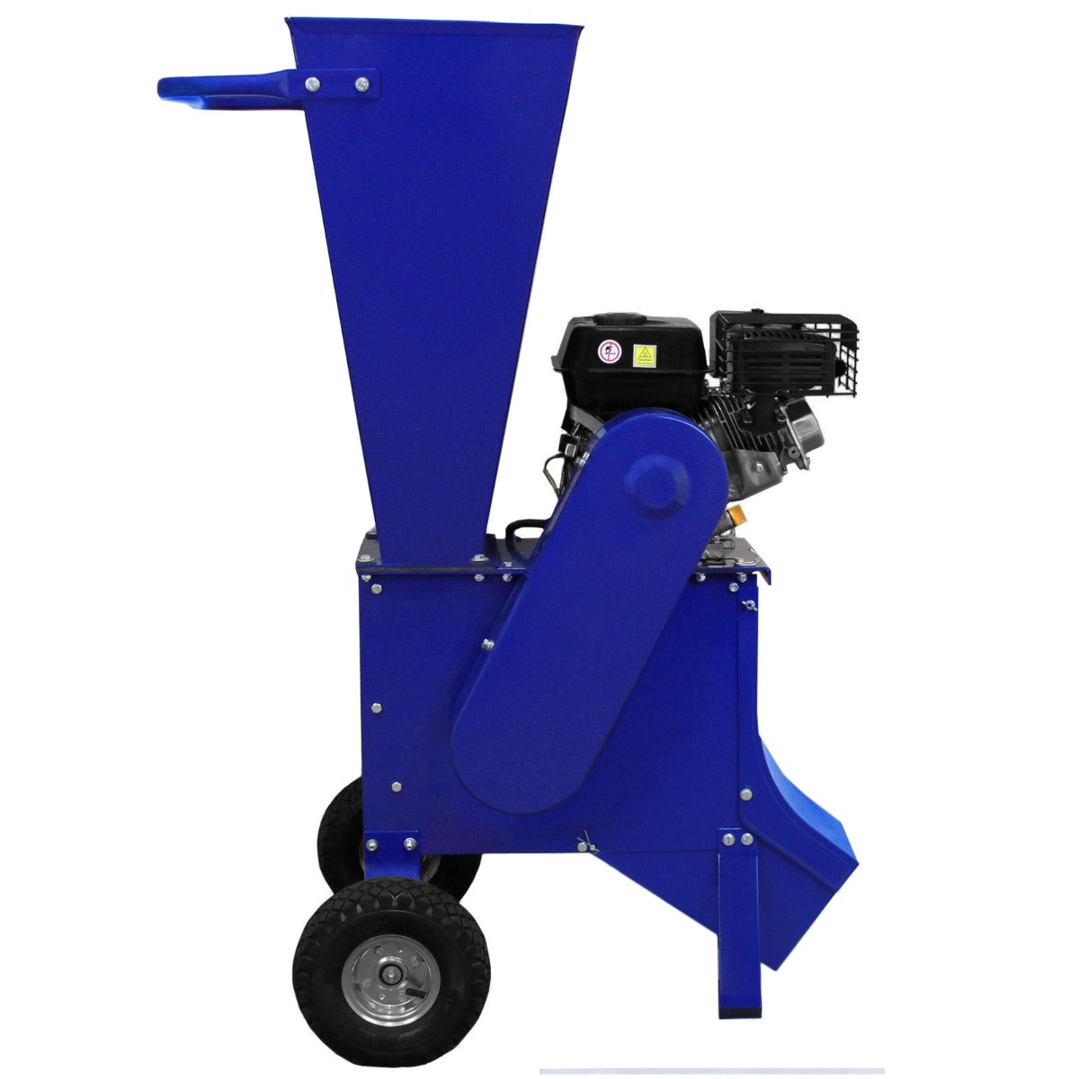Déchiqueteuse de bois compacte, couleur bleue, avec moteur puissant, roues robustes et goulotte d'alimentation en haut pour un usage facile