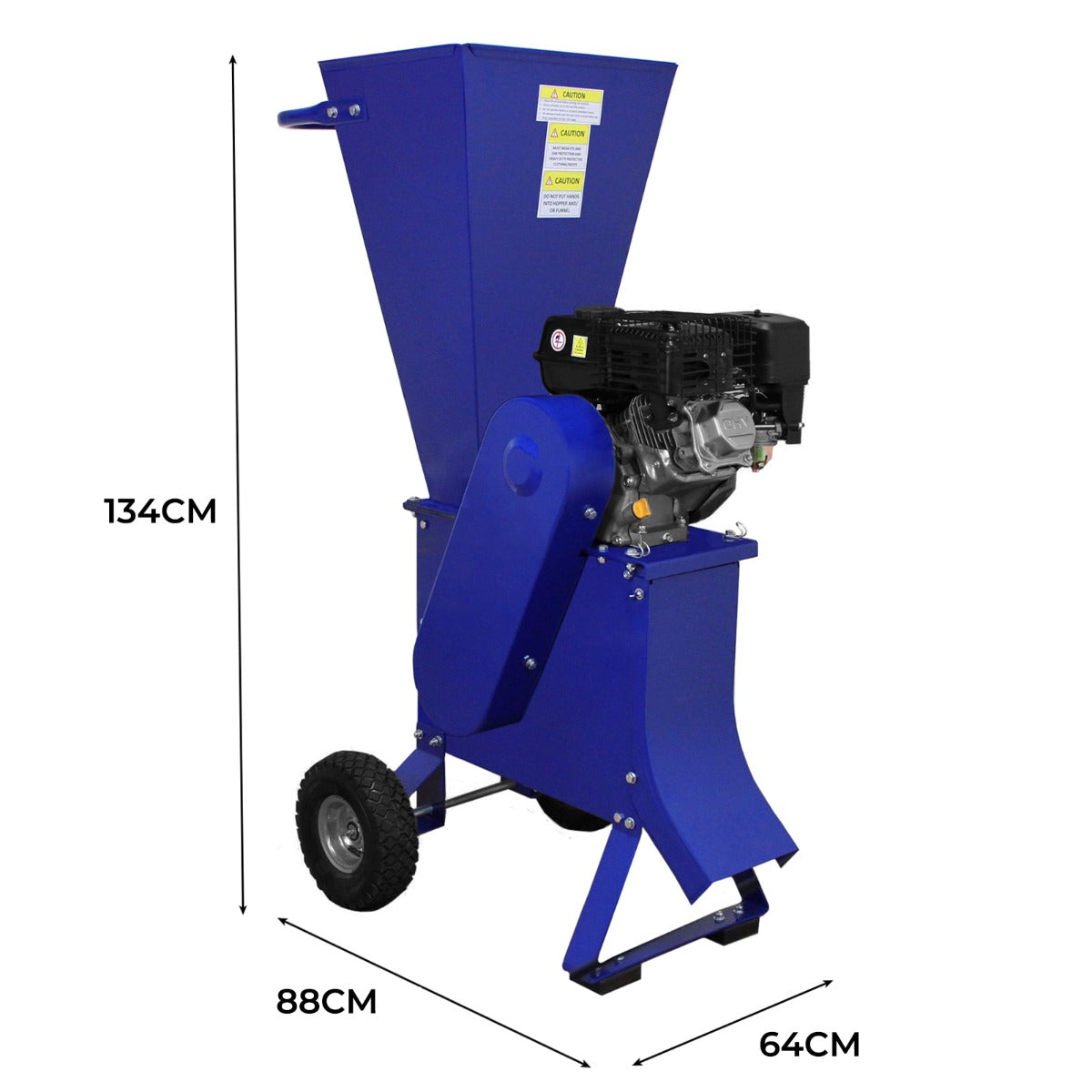 Déchiqueteuse de bois 7CV en bleu, avec moteur puissant, roues robustes, et design compact, idéale pour le jardinage et l'entretien extérieur