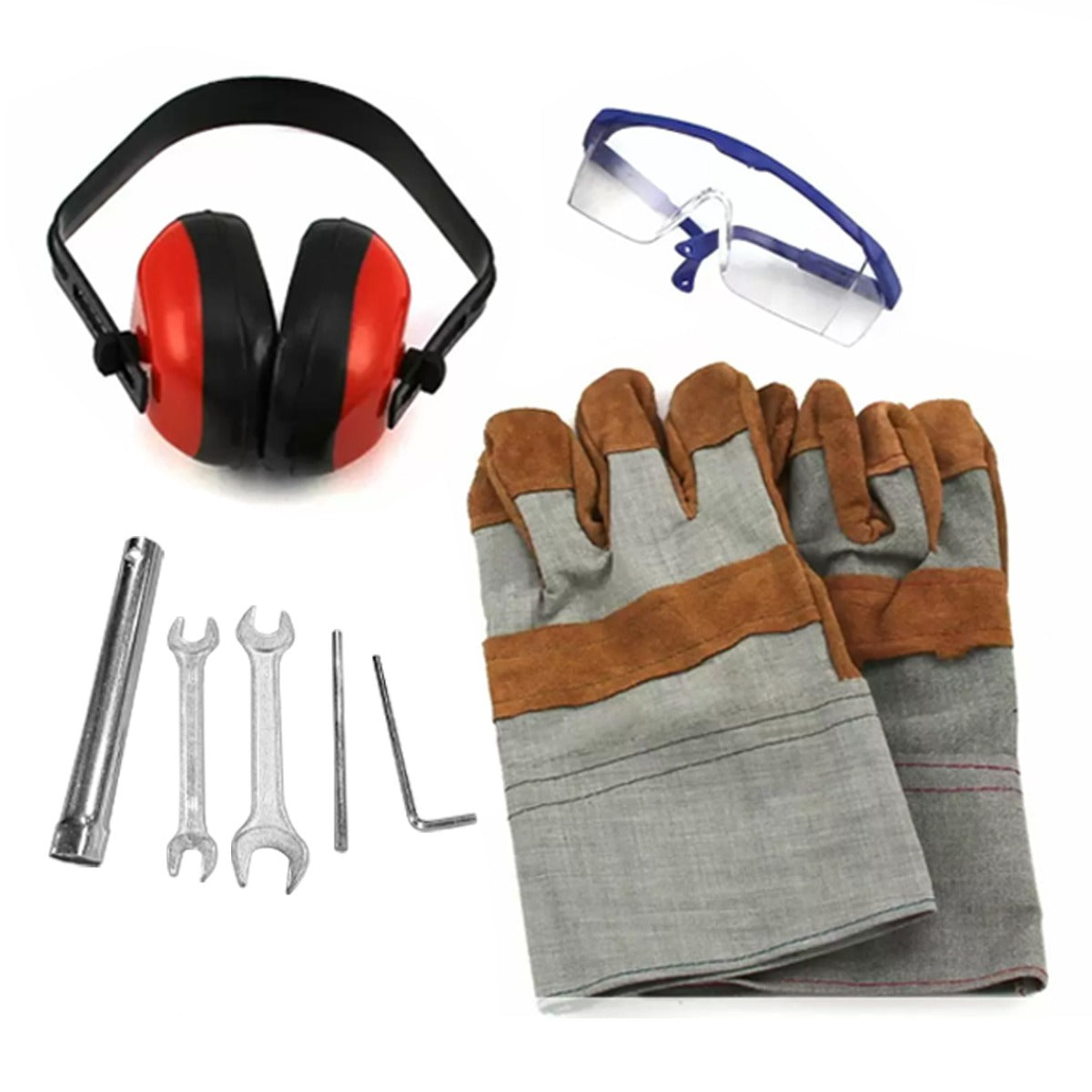 Casque antibruit rouge, lunettes de protection, gants en cuir et outils en métal, prêts pour l'utilisation d'une déchiqueteuse de bois