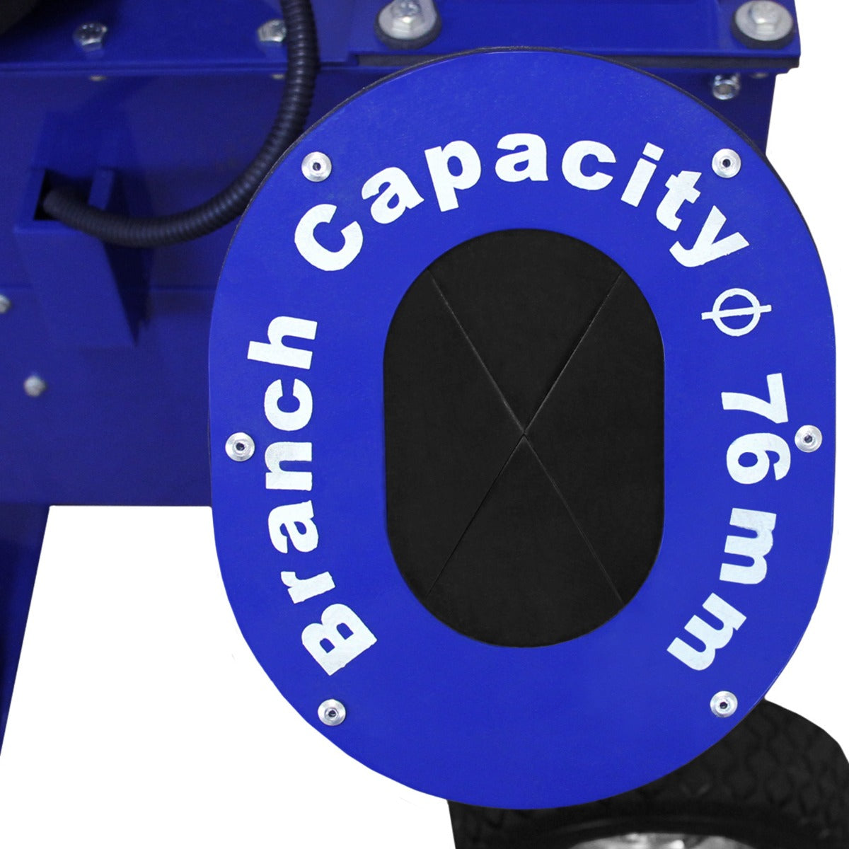 Déchiqueteuse de bois 7CV avec un design bleu vif, affichant une ouverture ovale pour branches de 76 mm, texture métallique brillante