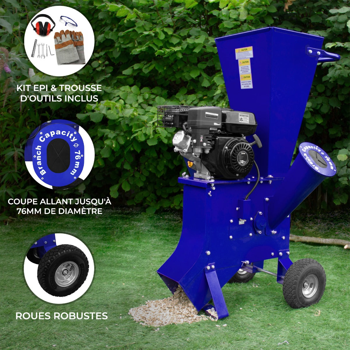 Déchiqueteuse de bois bleue avec moteur puissant, roues robustes, et capacité de coupe jusqu'à 76 mm, entourée de verdure
