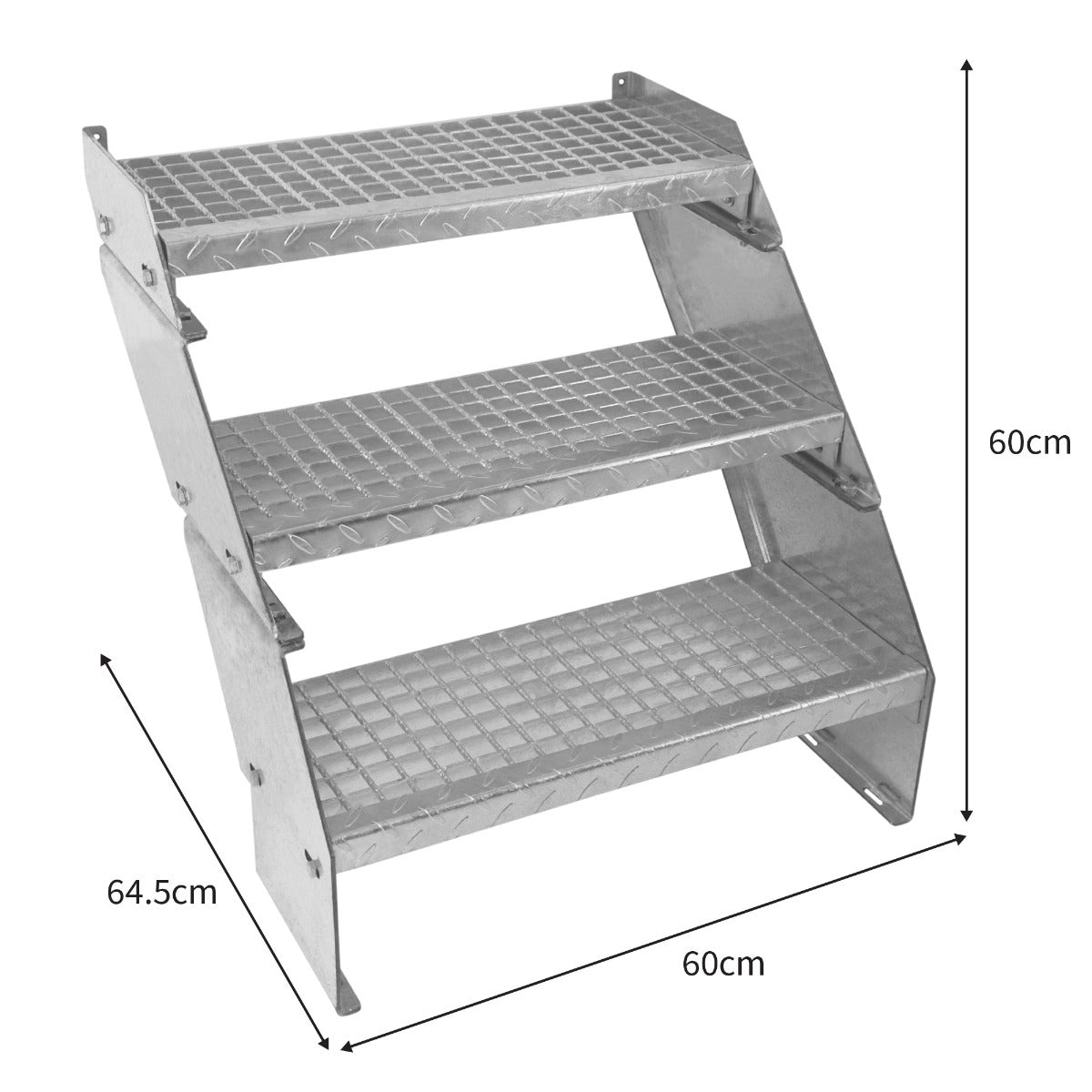 Escalier caillebotis en métal galvanisé à trois marches, dimensions 240 x 600 mm, avec surface antidérapante et finition brillante