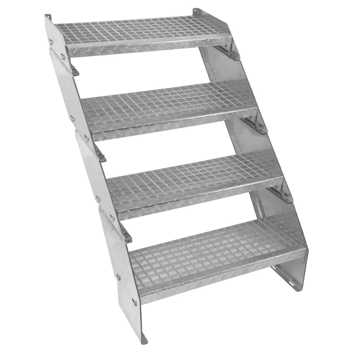 Escalier caillebotis en métal galvanisé à 4 marches, surface antidérapante, finition argentée, design robuste et moderne