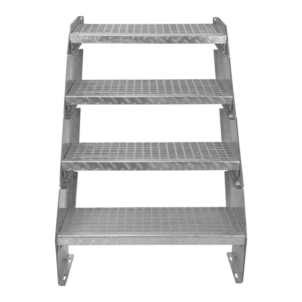 Escalier caillebotis en aluminium à 4 marches, finition argentée, surface antidérapante, dimensions 240 x 600 mm, robuste et durable