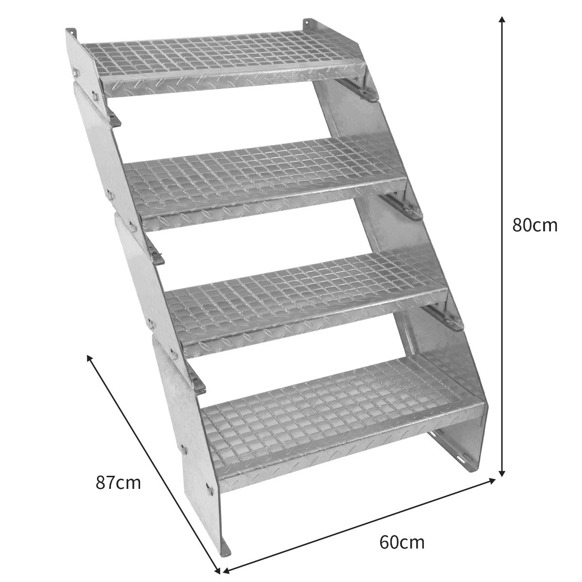 Escalier caillebotis en métal galvanisé à 4 marches, dimensions 240 x 600mm, surface antidérapante et robuste, finition argentée