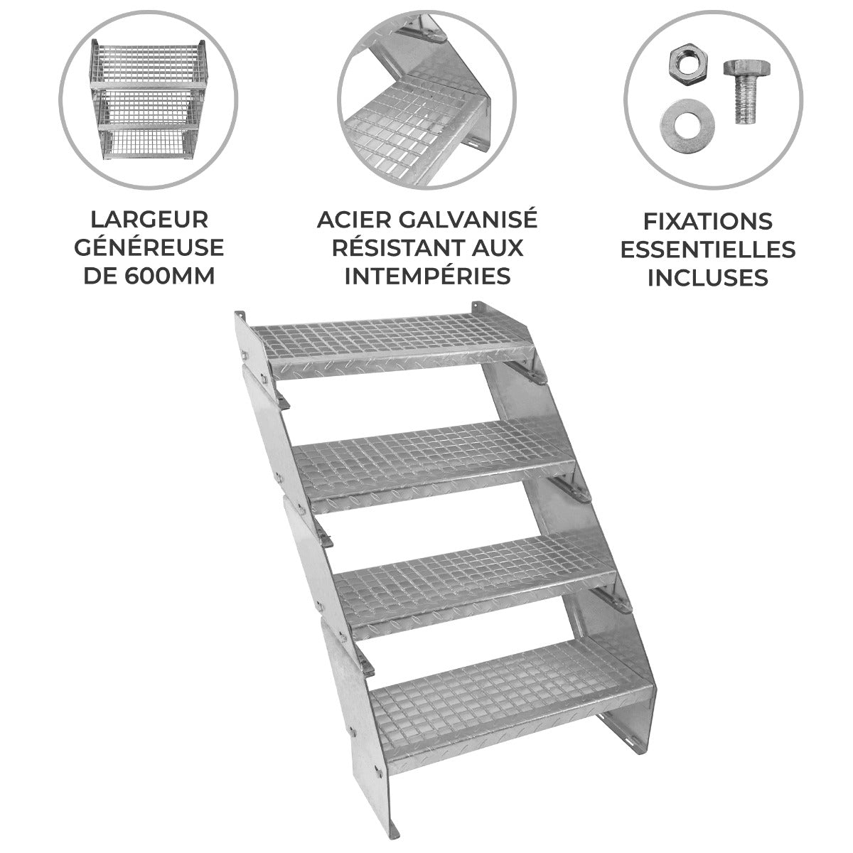 Escalier caillebotis à 4 marches en acier galvanisé, largeur de 600mm, surface antidérapante et fixations incluses