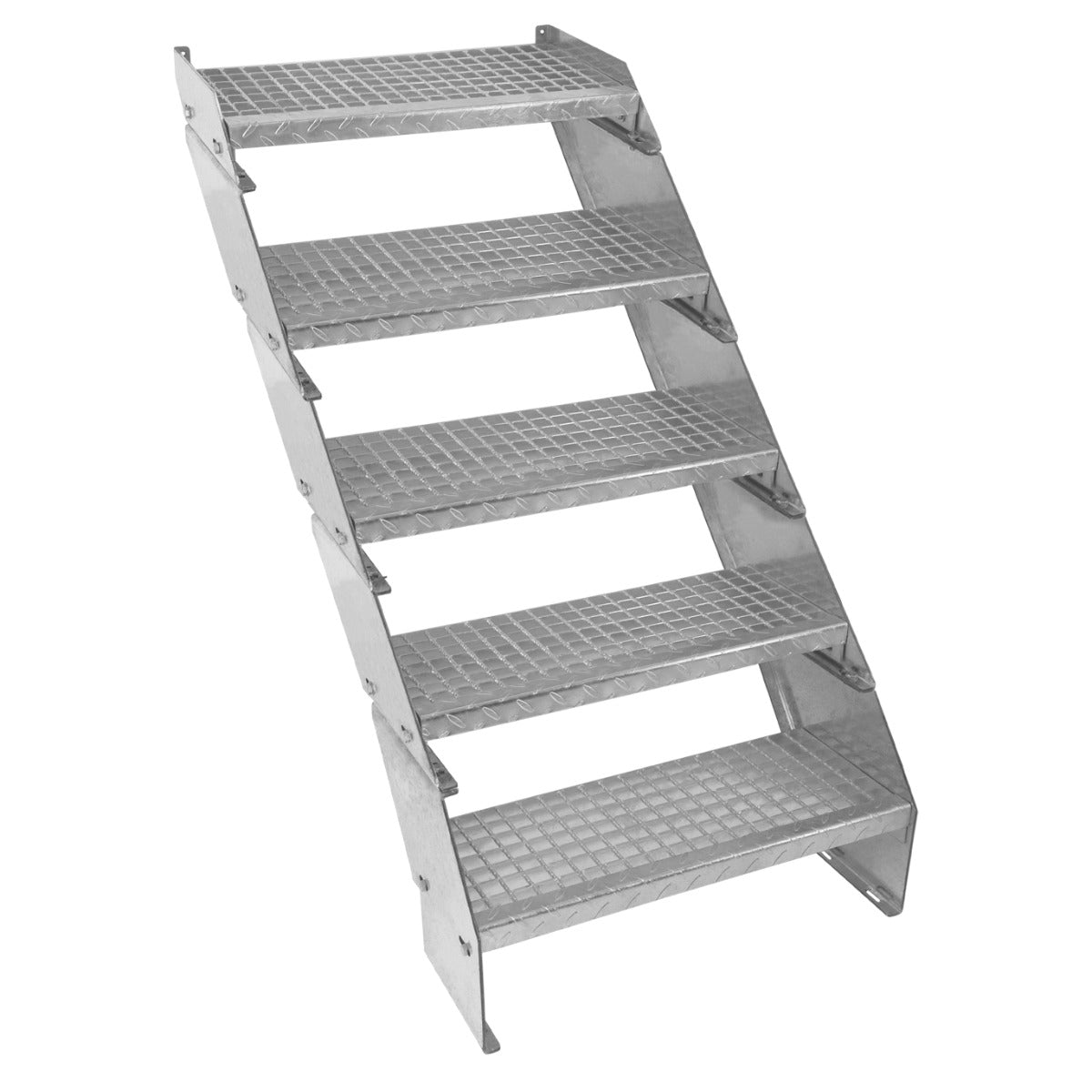 Escalier caillebotis en métal galvanisé à 5 marches, finition antidérapante, robuste et idéal pour un accès sécurisé en extérieur