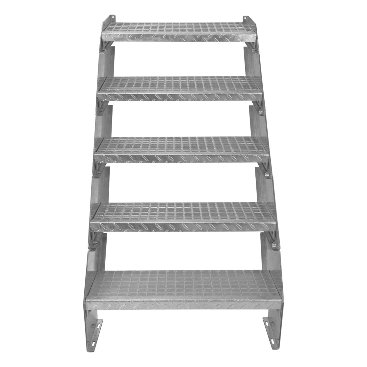 Escalier caillebotis en métal argenté à 5 marches, surface antidérapante, dimensions 240 x 600 mm, design robuste et moderne