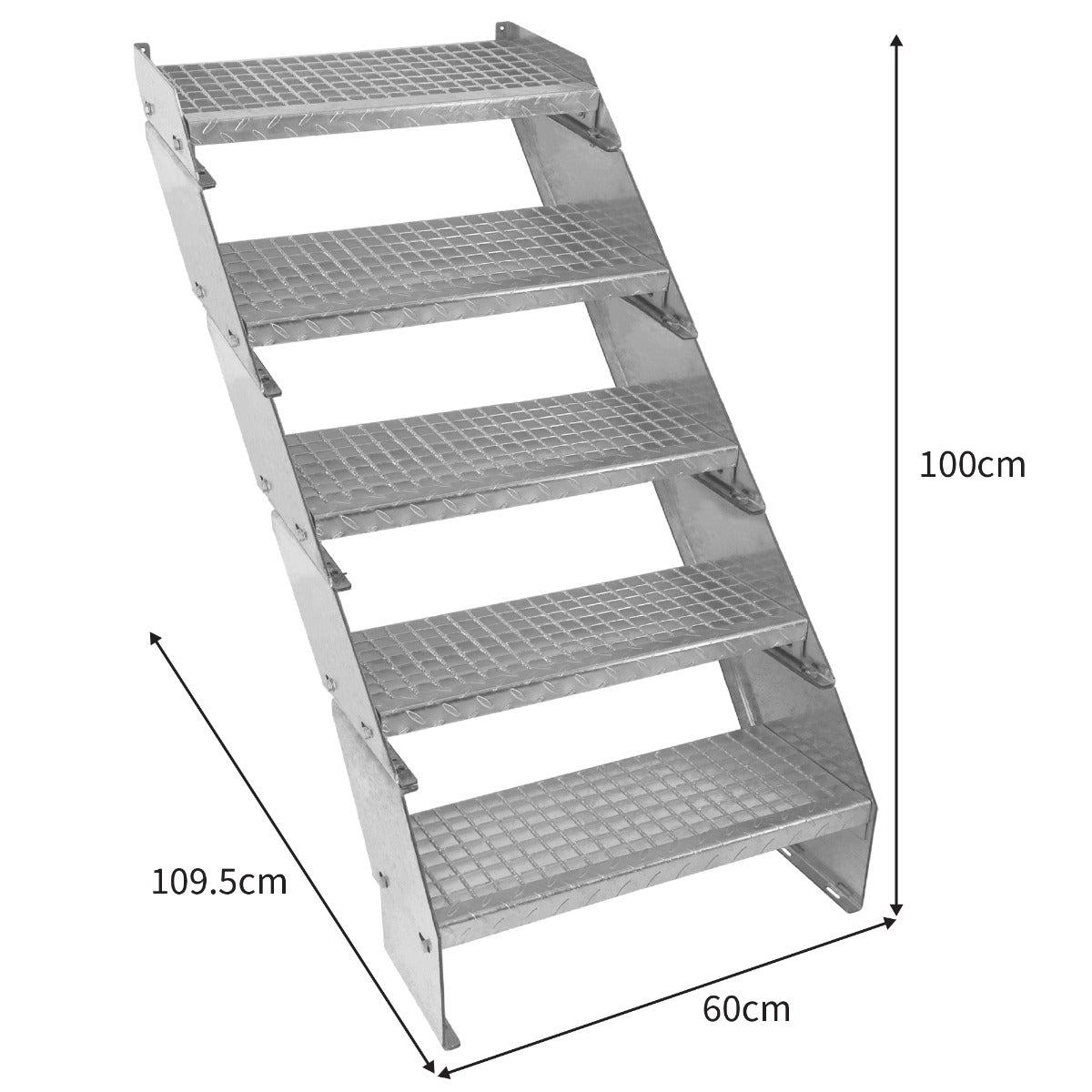Escalier caillebotis en métal galvanisé à 5 marches, dimensions 240 x 600 mm, avec une texture antidérapante et robuste