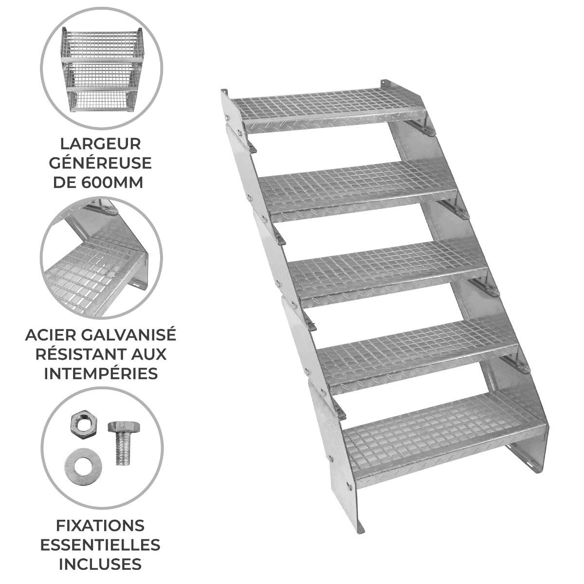 Escalier caillebotis à 5 marches en acier galvanisé, large de 600 mm, avec surface antidérapante et fixations incluses