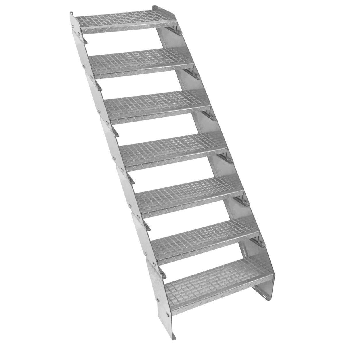 Escalier en caillebotis à 7 marches, en métal galvanisé, avec une surface antidérapante et une structure robuste, dimensions 240 x 600 mm