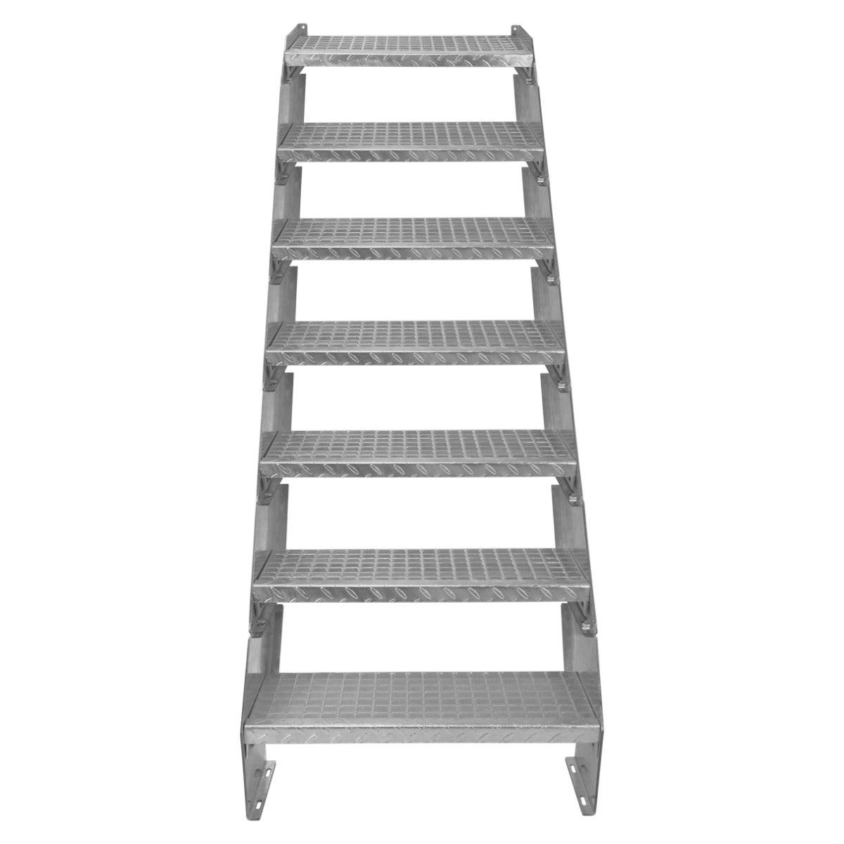 Escalier caillebotis en aluminium à 7 marches, finition argentée, surface antidérapante, dimensions 240 x 600 mm, robuste et durable