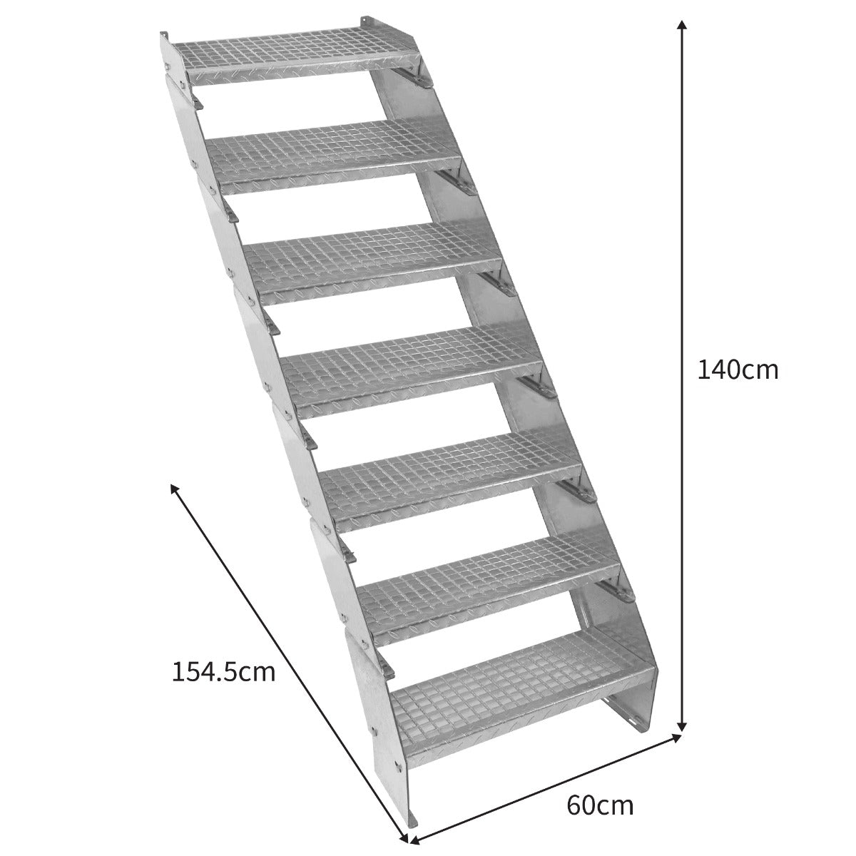 Escalier caillebotis en métal, 7 marches, finition argentée, dimensions 240 x 600 mm, surface antidérapante et robuste