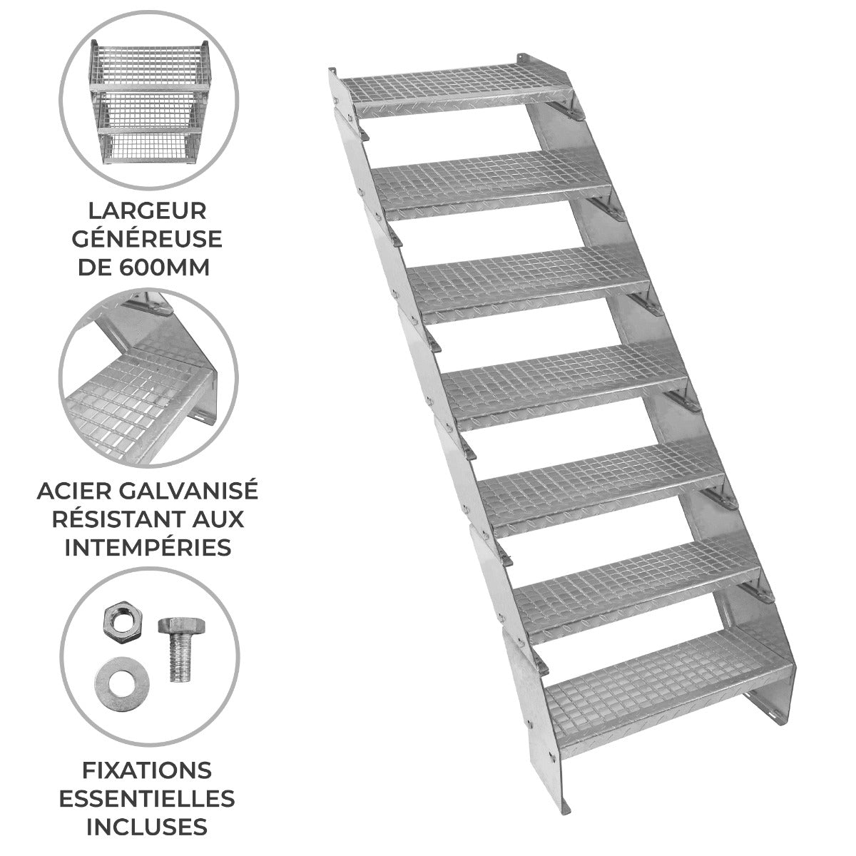 Escalier caillebotis à 7 marches en acier galvanisé, large de 600 mm, avec surface antidérapante et fixations incluses