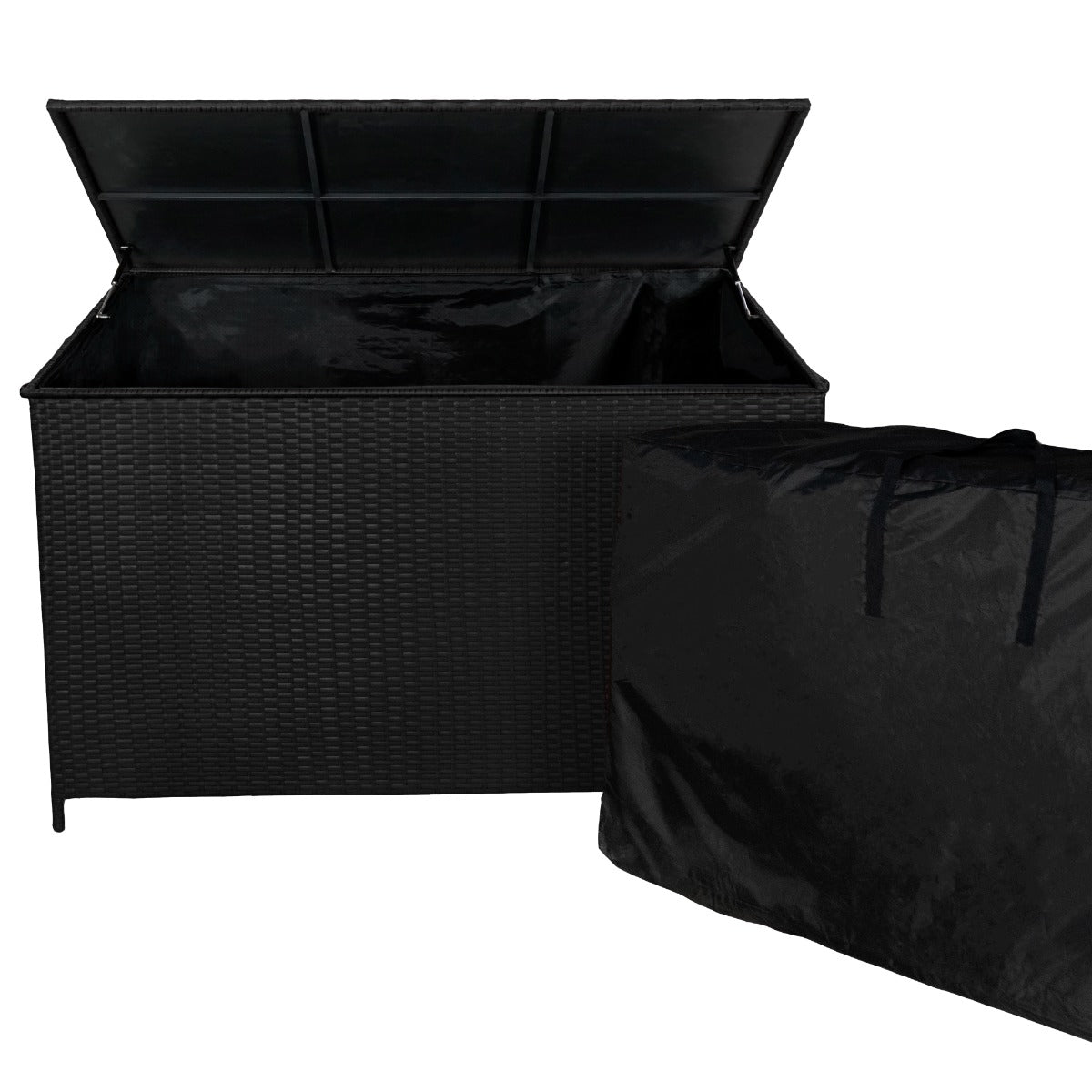 Coffre de rangement d'extérieur en rotin noir de 582 L avec couvercle ouvert, texture tissée et sac de protection noir à côté