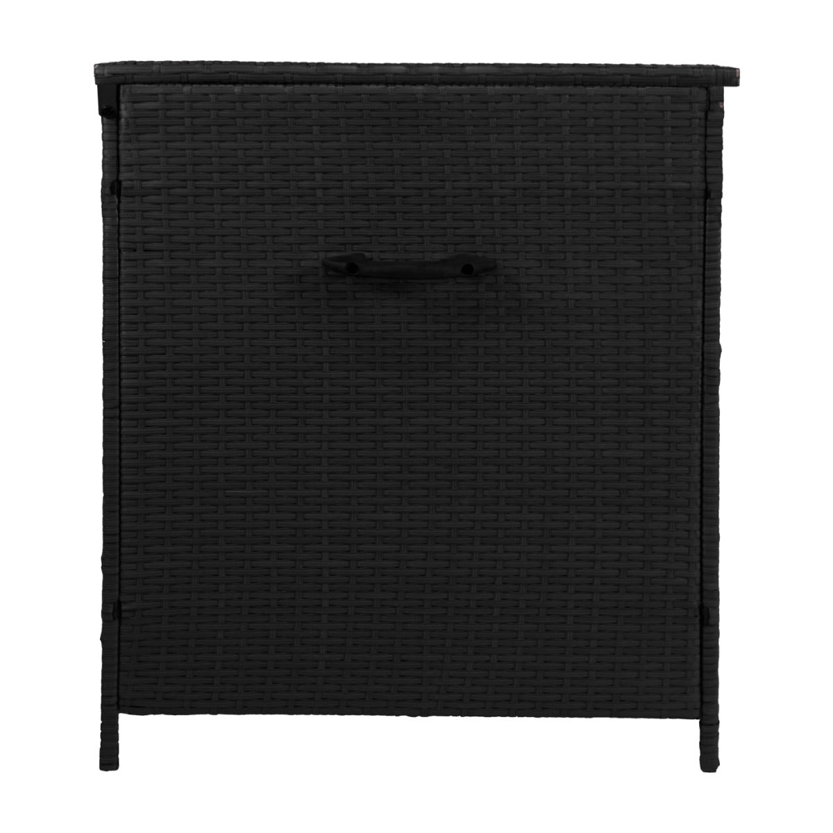 Coffre de rangement d'extérieur en rotin noir, design élégant, texture tissée, idéal pour le stockage en extérieur, capacité de 582 L