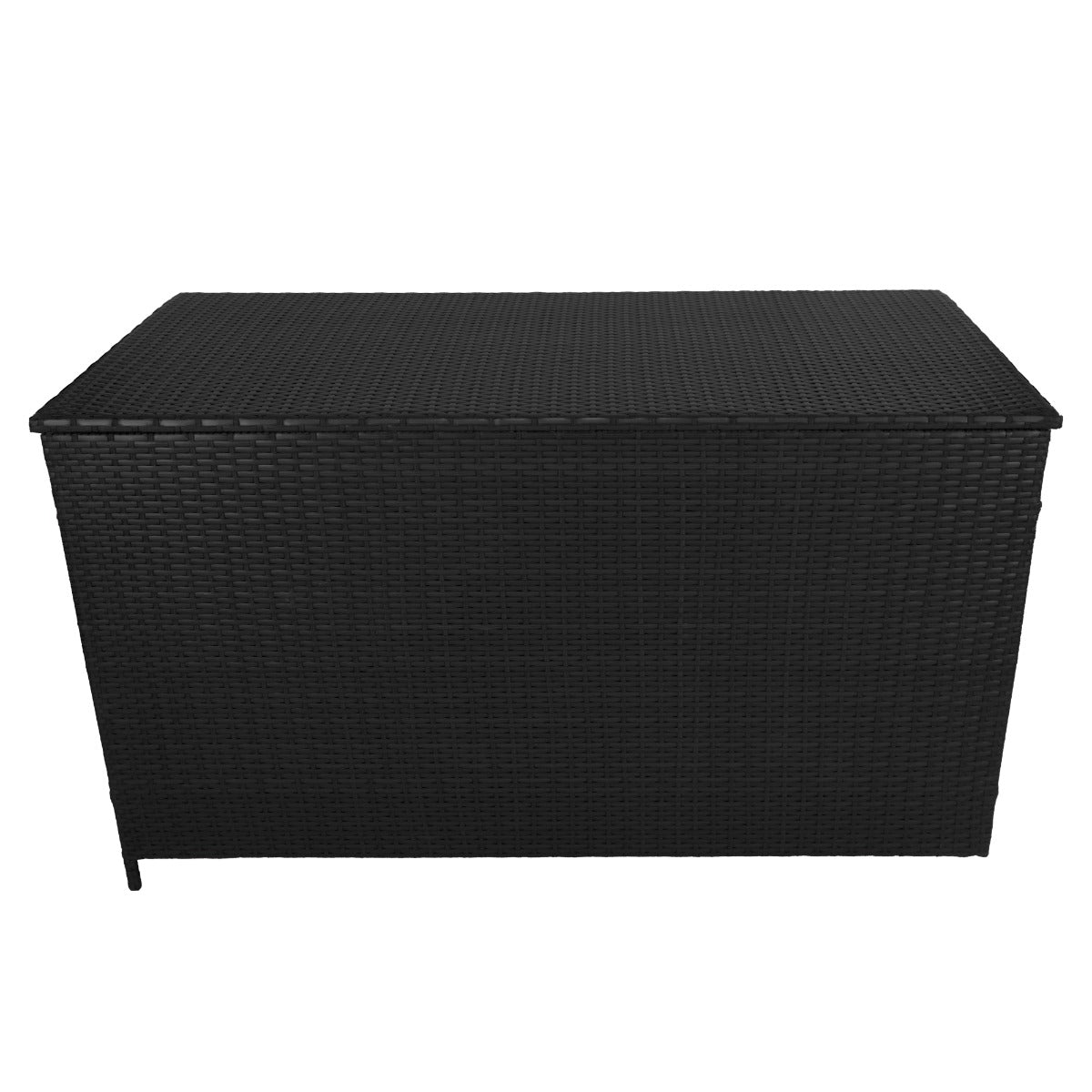 Coffre de rangement d'extérieur en rotin noir, design rectangulaire, texture tissée, idéal pour le stockage et la décoration extérieure