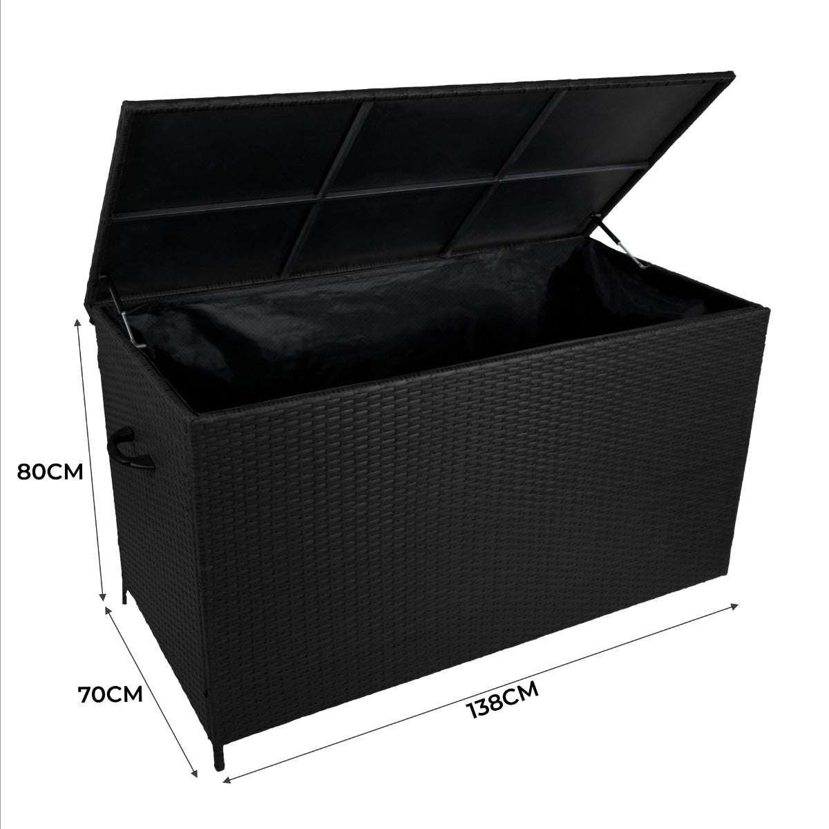 Coffre de rangement d'extérieur en rotin noir, dimensions 138 cm x 70 cm x 80 cm, avec couvercle et intérieur en tissu noir doux