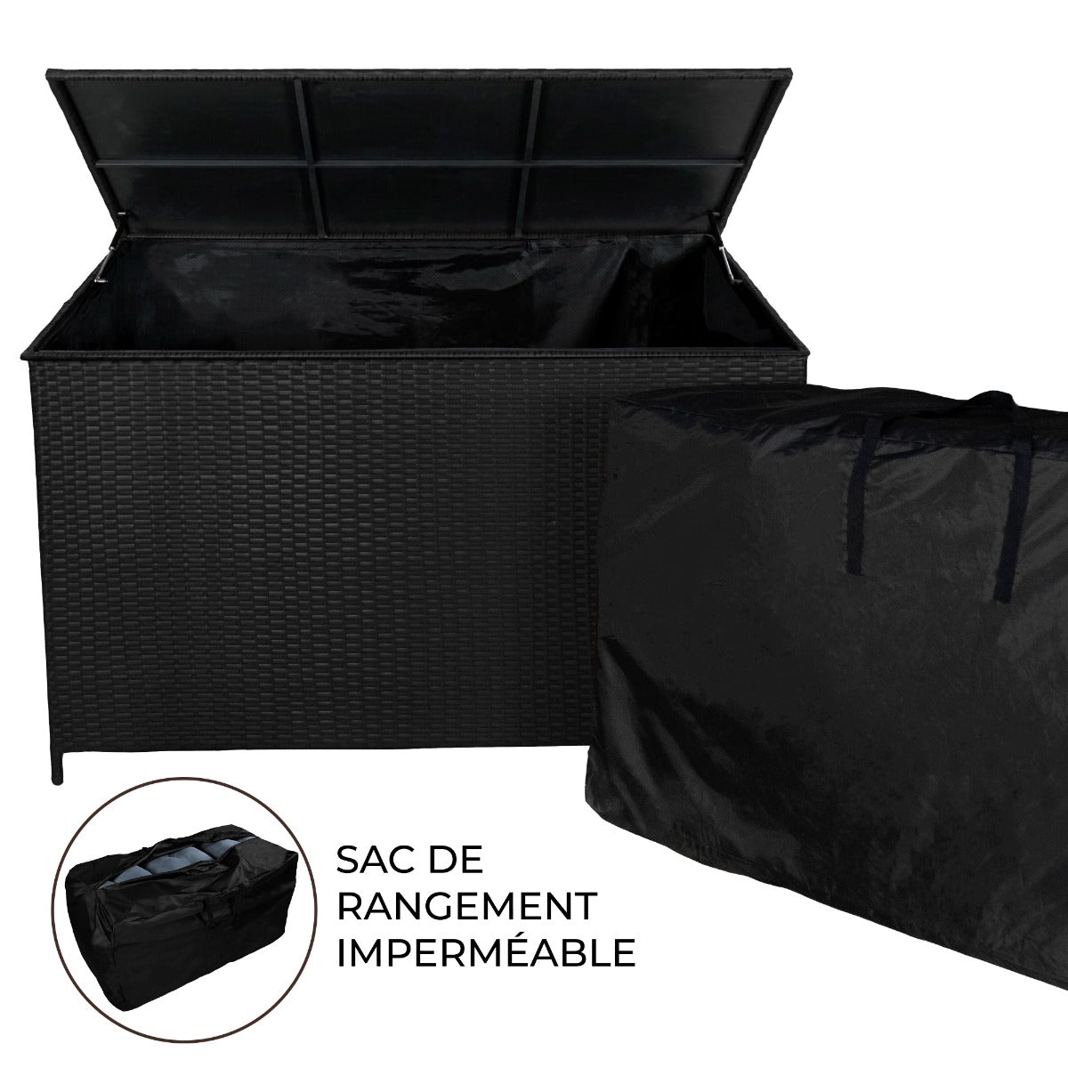 Coffre de rangement d'extérieur en rotin noir, 582 L, avec couvercle et sac de rangement imperméable, design moderne et élégant