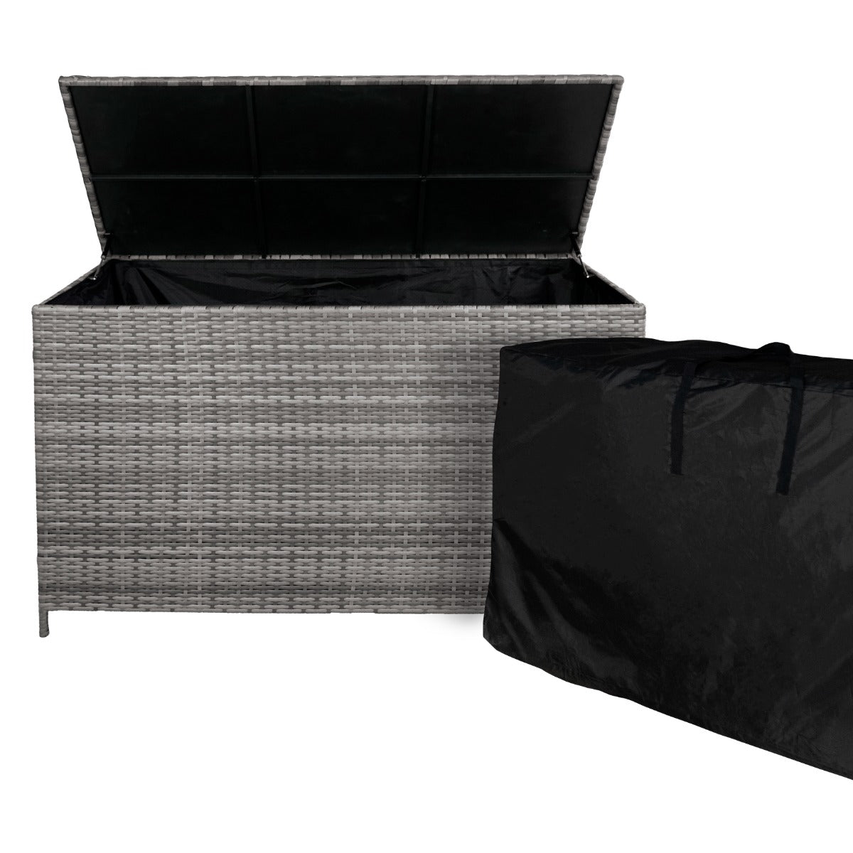 Coffre de rangement d'extérieur en rotin gris de 582 L avec couvercle ouvert, intérieur noir et housse de protection noire à côté