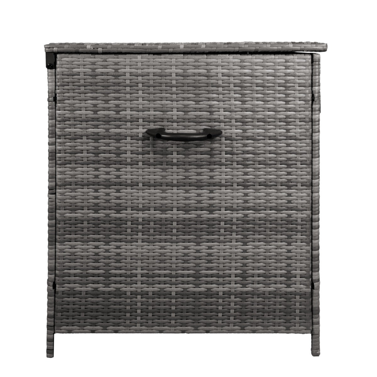 Coffre de rangement d'extérieur en rotin gris, 582 L, avec texture tissée, poignées noires et design moderne, idéal pour le jardin