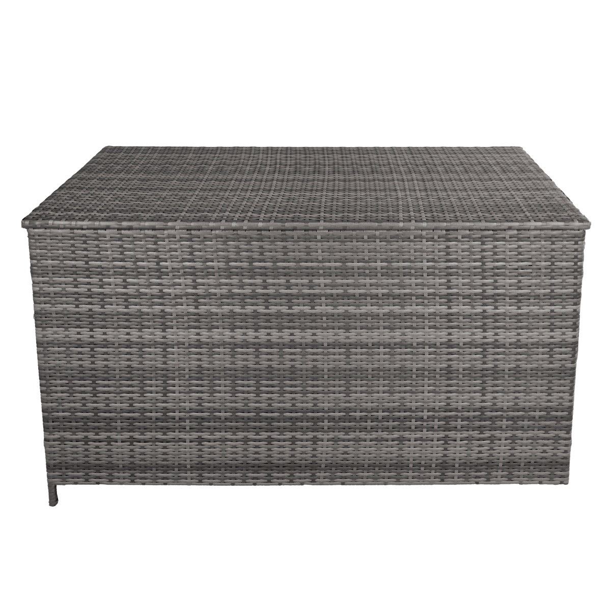 Coffre de rangement d'extérieur en rotin gris, 582 L, avec une texture tissée et une forme rectangulaire, idéal pour le jardin
