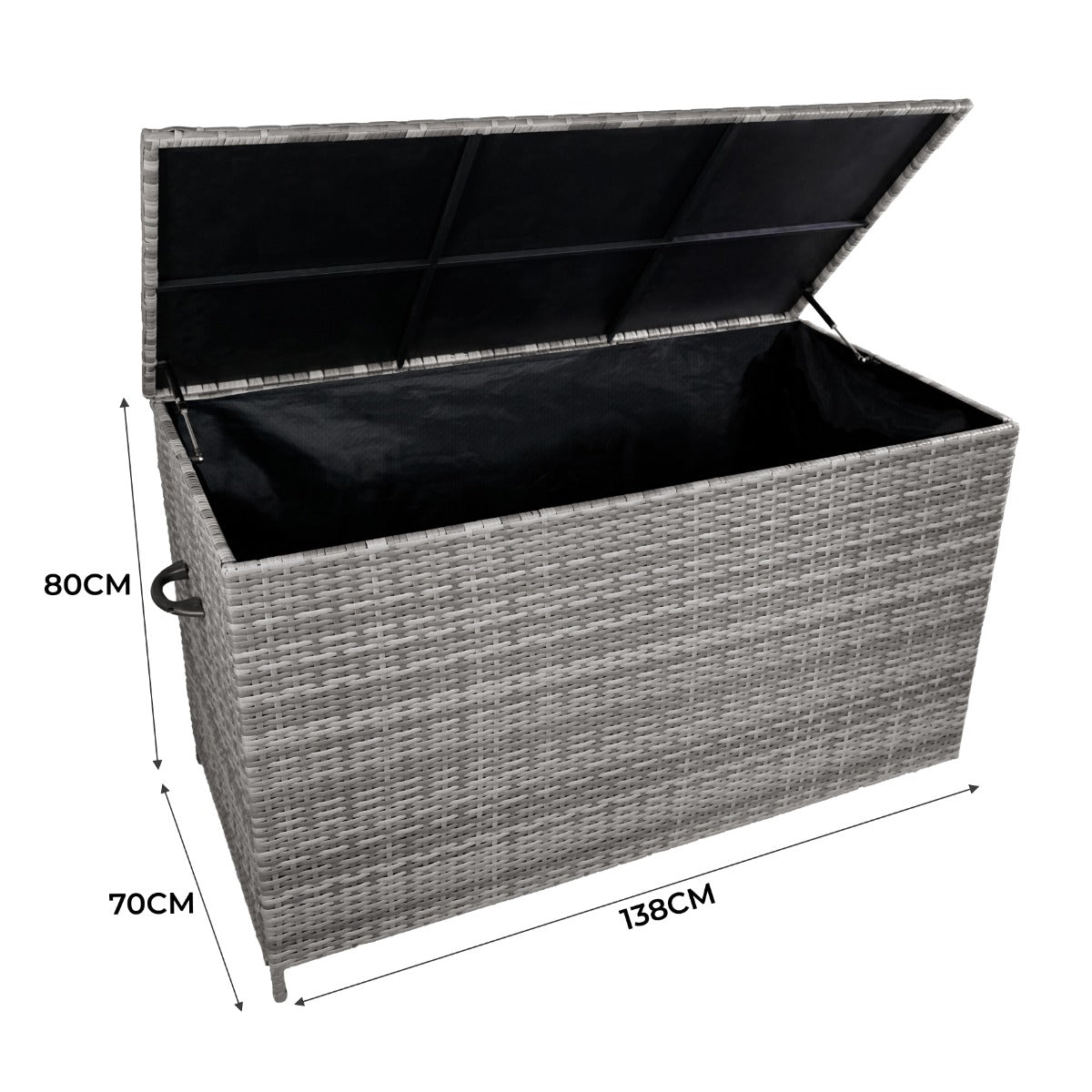 Coffre de rangement d'extérieur en rotin gris, dimensions 138x70x80 cm, avec un intérieur noir et un couvercle ouvrant pour un accès facile