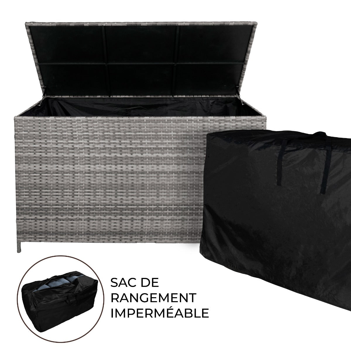 Coffre de rangement d'extérieur en rotin gris de 582 L avec couvercle ouvert, intérieur spacieux et sac de rangement imperméable inclus