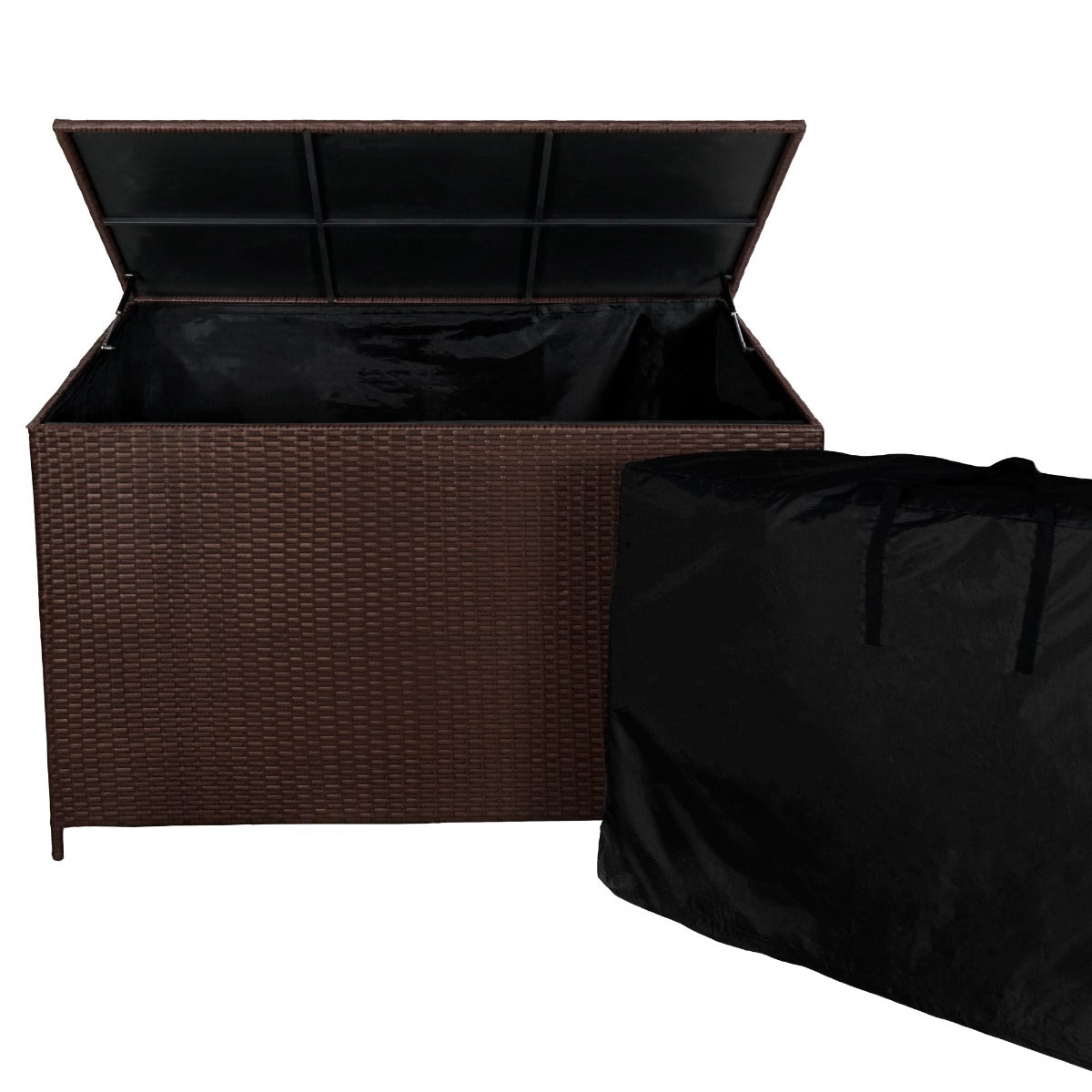 Coffre de rangement d'extérieur en rotin marron, 582 L, avec couvercle ouvert, intérieur noir et housse de protection noire
