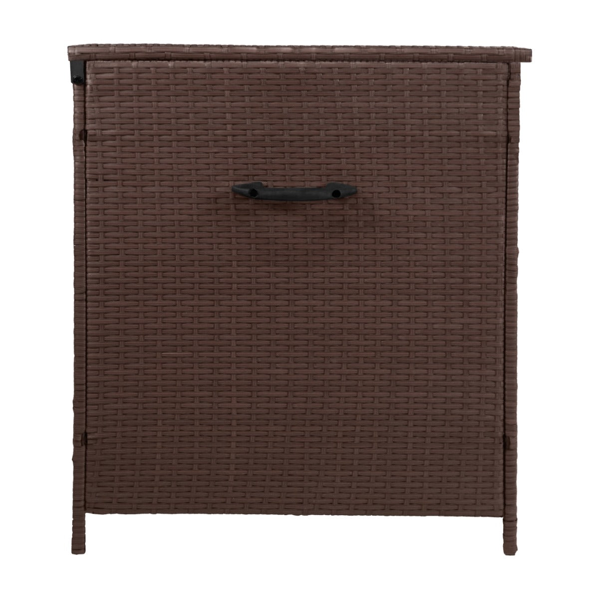 Coffre de rangement d'extérieur en rotin marron, texture tissée, design moderne, avec une poignée noire pour un accès facile