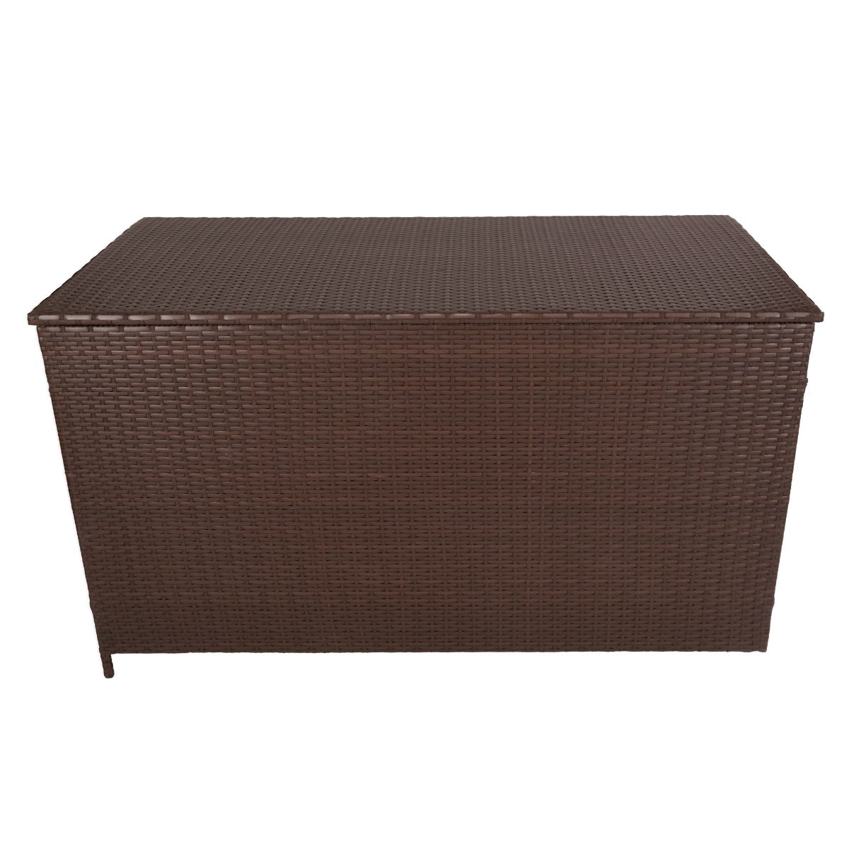 Coffre de rangement d'extérieur en rotin marron, 582 L, avec texture tissée et design rectangulaire, idéal pour le jardin