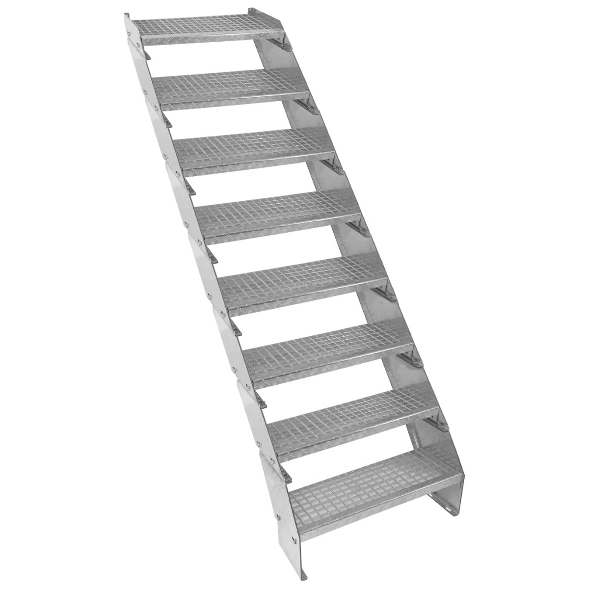 Escalier caillebotis en métal argenté à 8 marches, surface antidérapante, design robuste et moderne, idéal pour un usage extérieur
